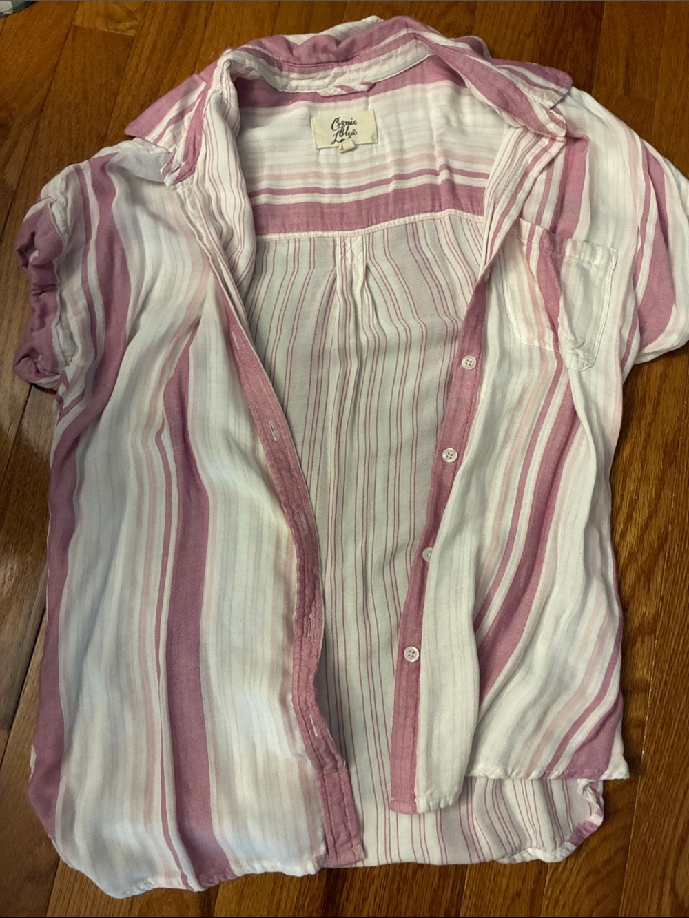 Pink, White, and Purple Striped Button-Up Shirt with Collar